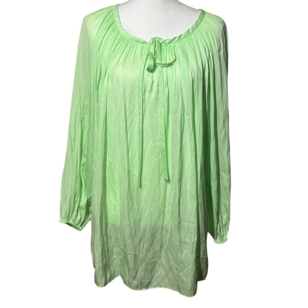 Vince Camuto 1X plus size pleated green peasant blouse balloon sleeve tunic top